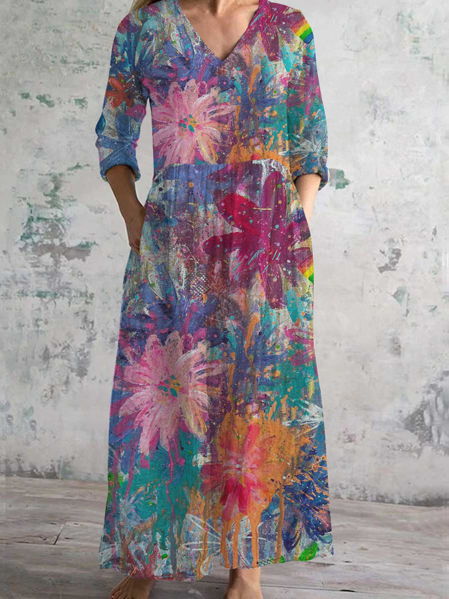 Women's V-Neck Art Painting Rendering Pattern Dress with Pockets