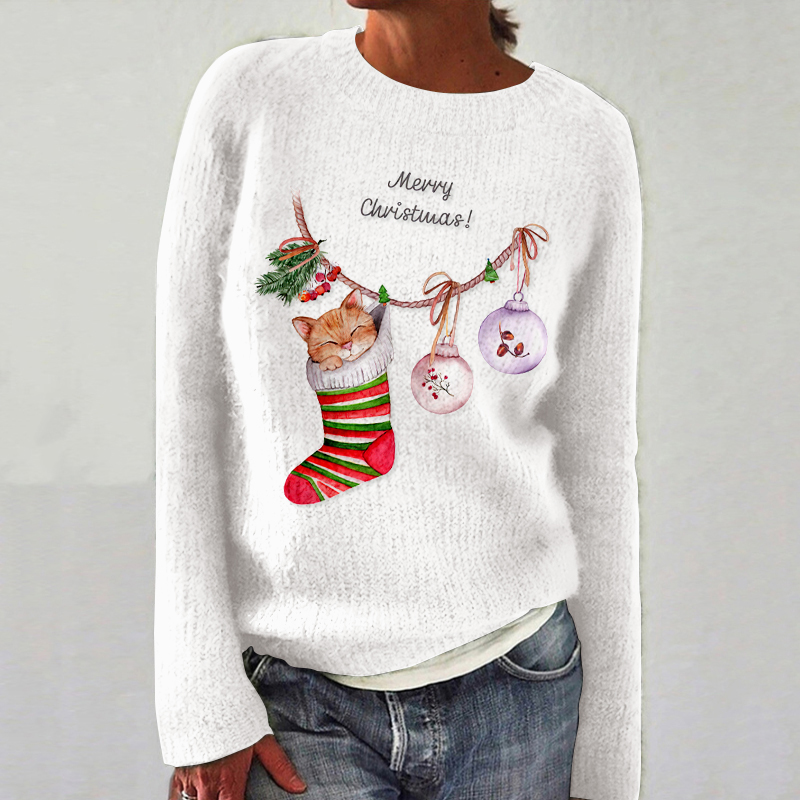 Women's Christmas Cute Cat Cozy Crew Neck Sweater