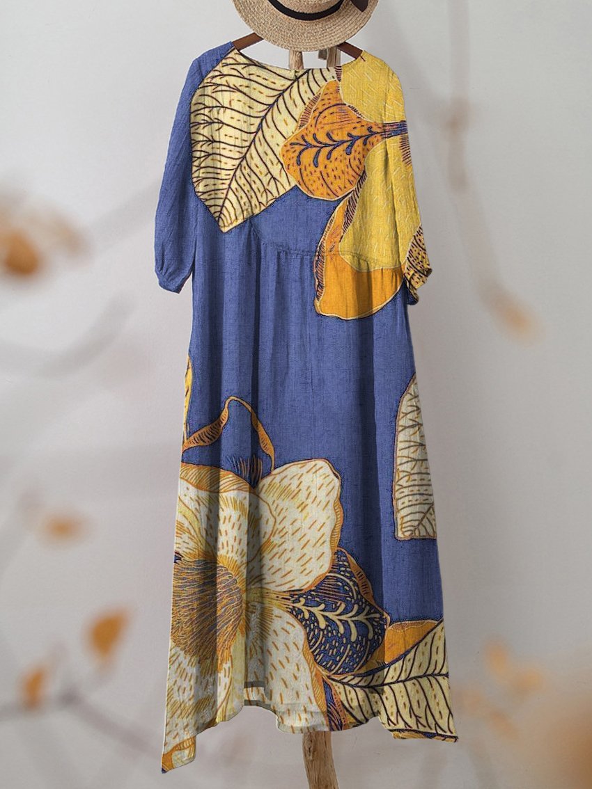 Women's Vintage Blue Floral Print Pocket Cotton Dress