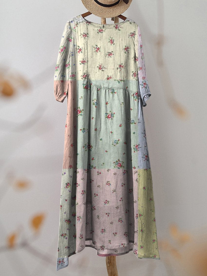 Women's Vintage Patchwork Floral Print Pocket Cotton Dress