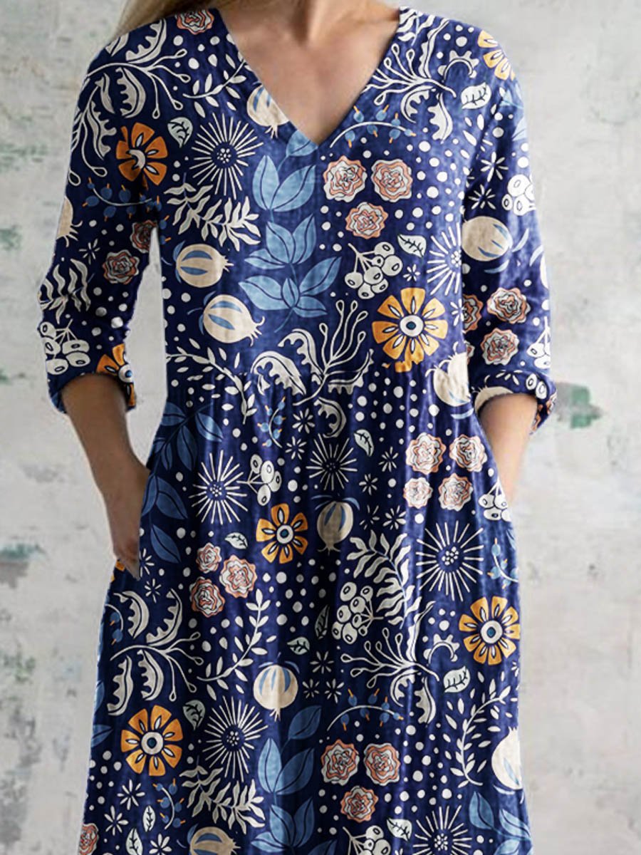 Women's Elegant Vintage Floral Pattern Cotton Dress With Pockets