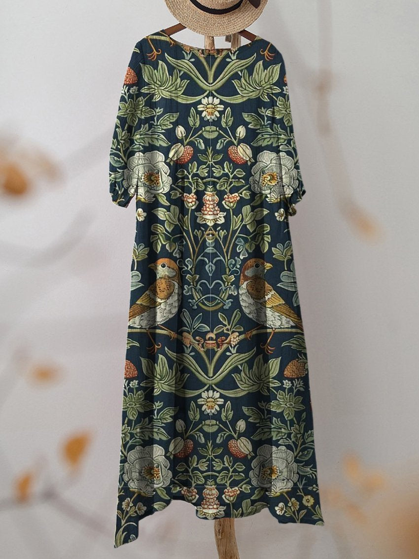 Women's Vintage Dark Floral Print Pocket Cotton Dress