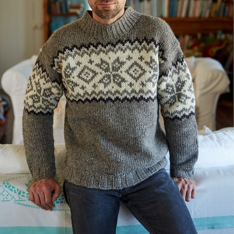 Vintage knitted jacquard crew neck sweater