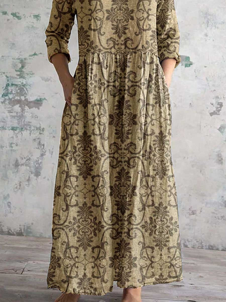 Women's Elegant Simple Floral V-Neck Cotton and Linen Dress with Pockets