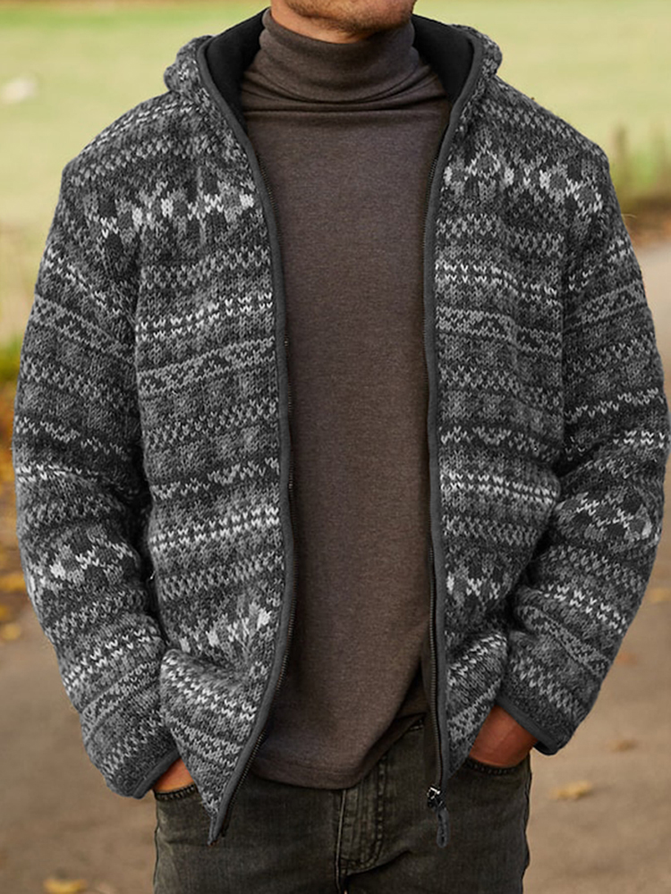 Mens Vintage Fair Isle Knitted Hooded Cardigan