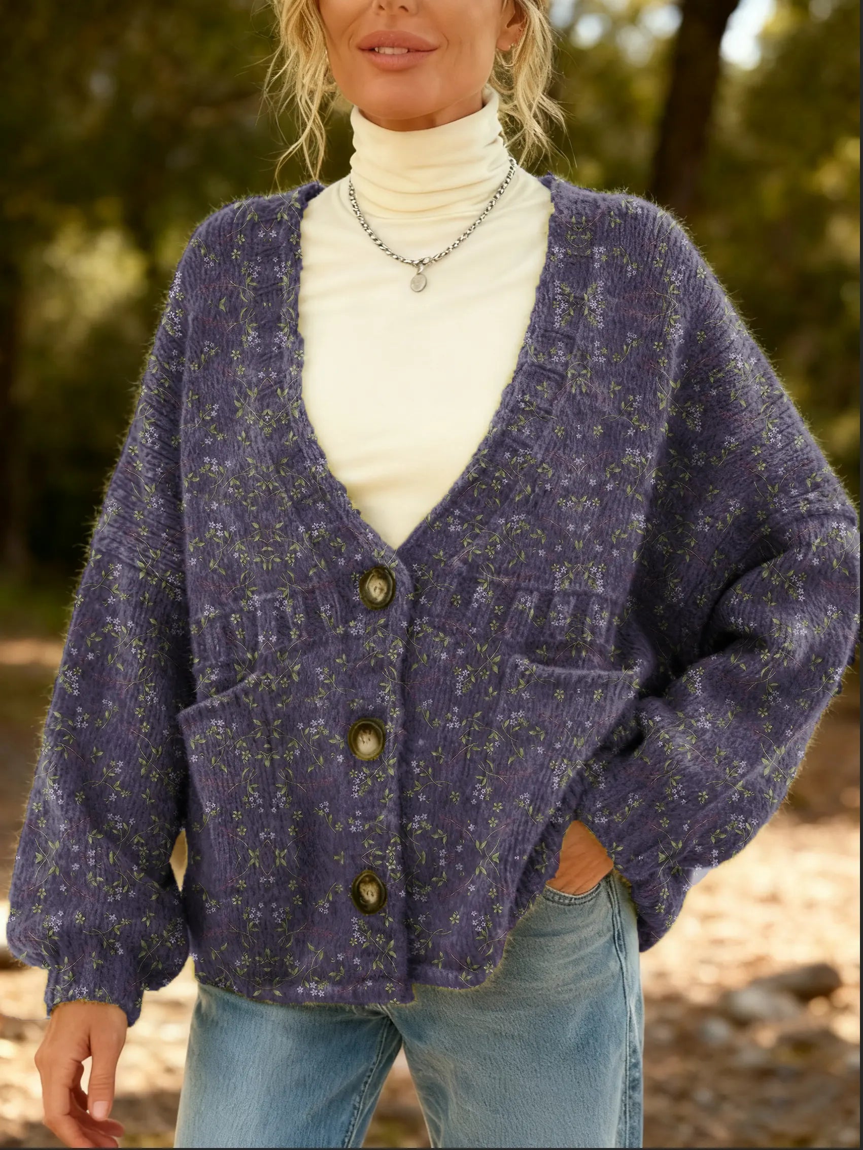 Women's Floral Pattern Art Print Cardigan With Pockets