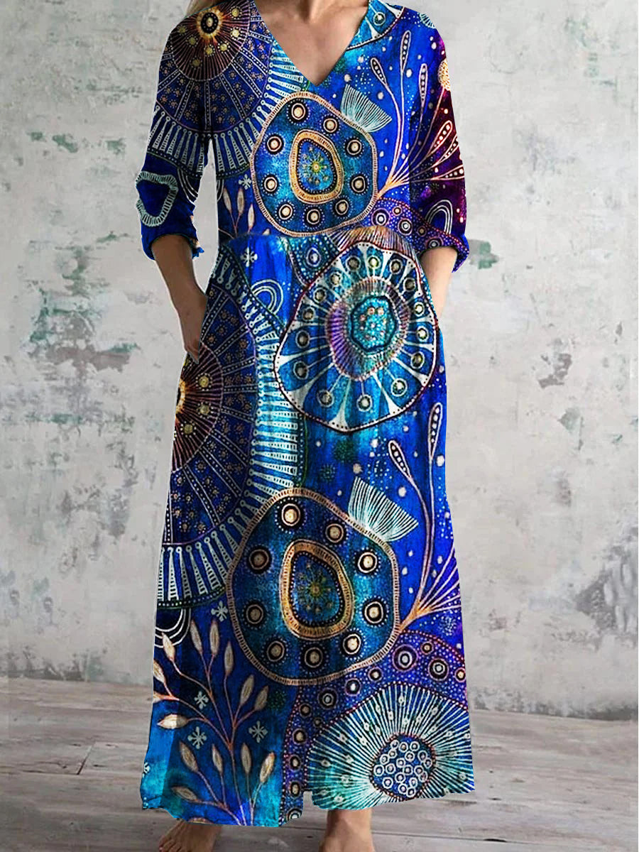 Women's V Neck Art Irregular Pattern Dress with Pockets