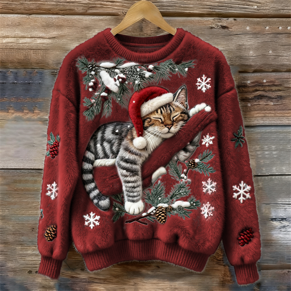 Christmas Lazy Cat Art Women's Cozy Plush Sweater