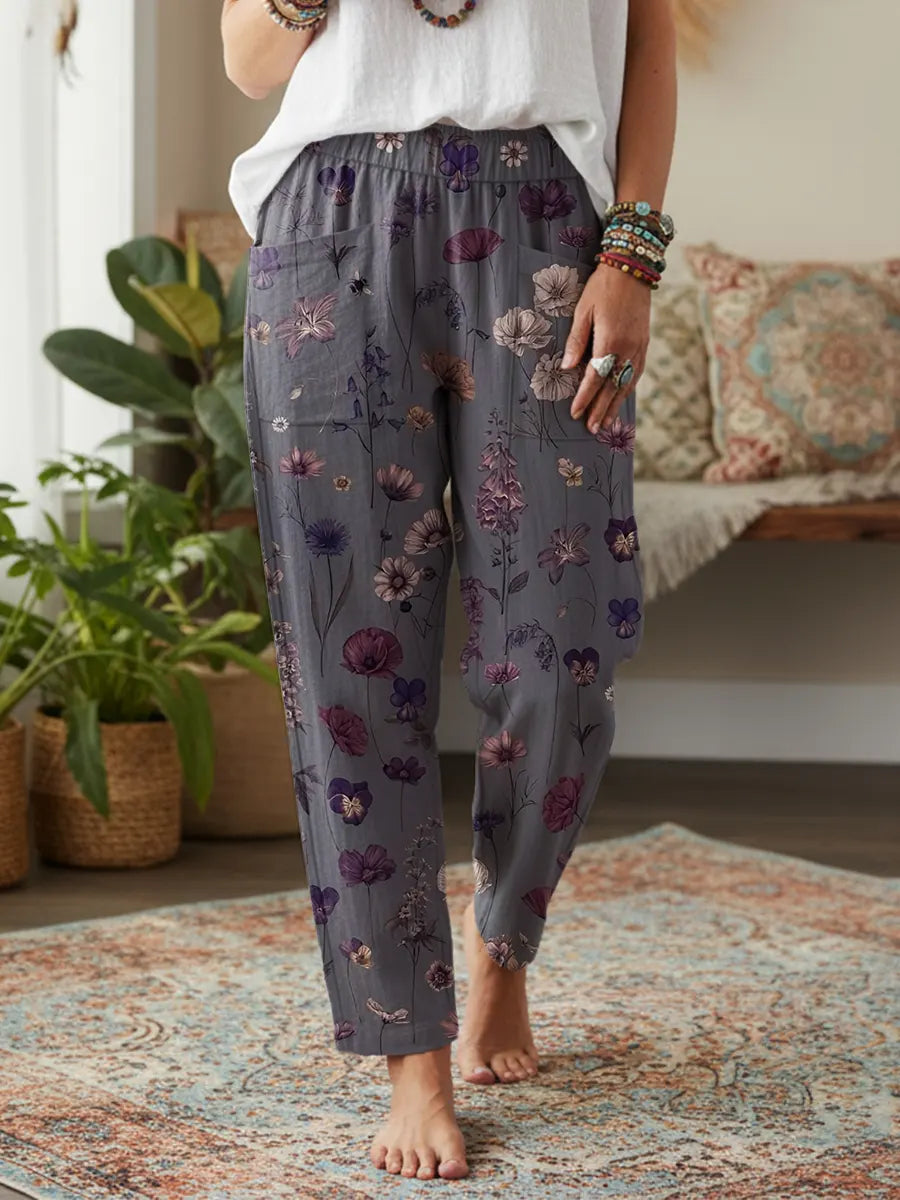 Vintage National Flower Purple Women's Printed Cotton And Linen Casual Pants