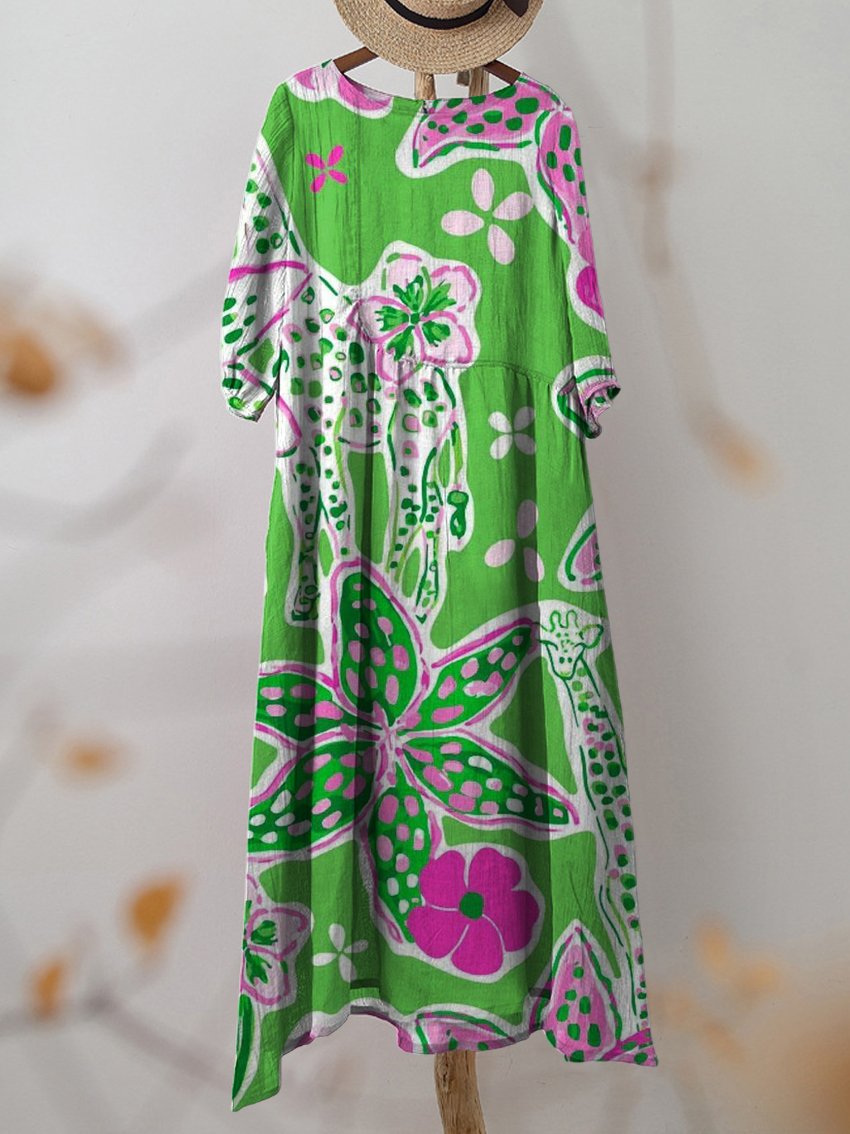 Women's Vintage Green Floral Print Pocket Cotton Dress