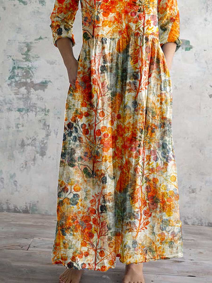 Women's Elegant Floral Pattern V-Neck Cotton Dress