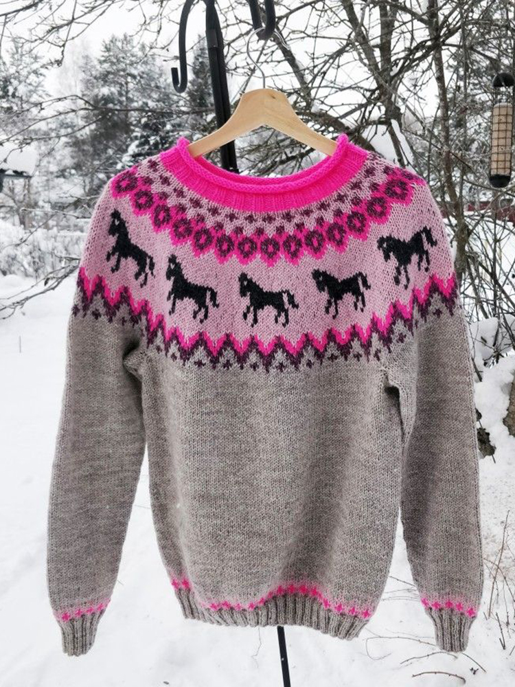 Retro Ethnic Pattern Jacquard Crew Neck Sweater