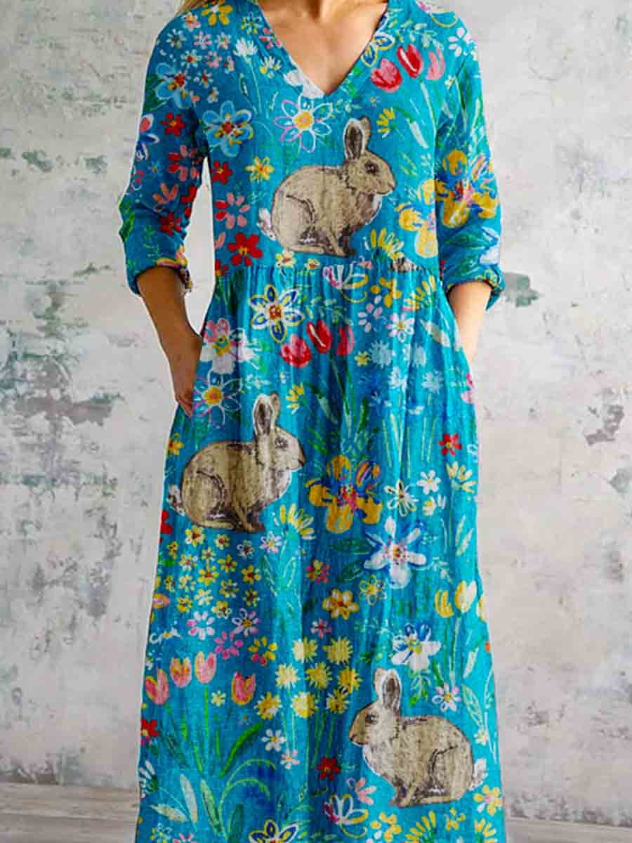 Women's Rabbit Floral Pastoral Pattern V-Neck Dress with Pockets