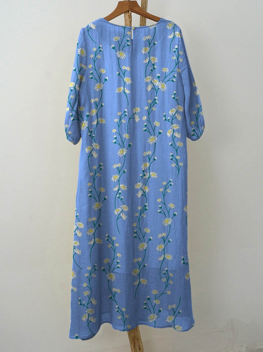 Women's Vintage Lovely Daisy Art Print Pocket Cotton Dress