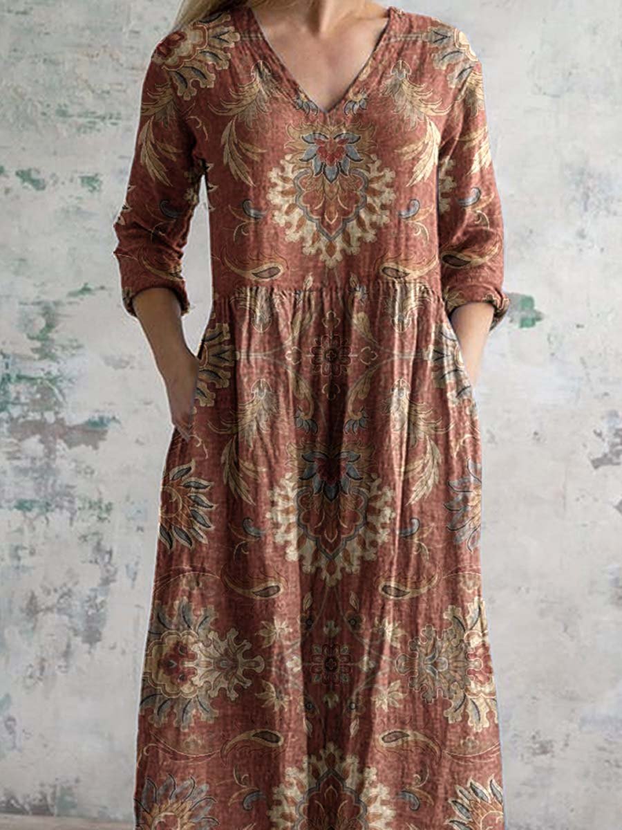 Women's V-neck Elegant Vintage Floral Pattern Cotton Shirt Dress