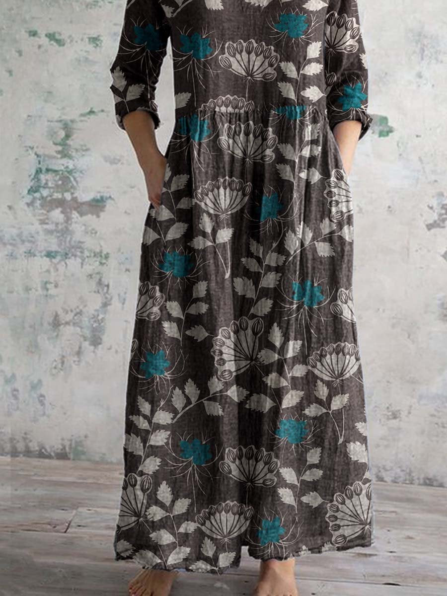 Women's V-neck Elegant Vintage Floral Pattern Cotton Shirt Dress