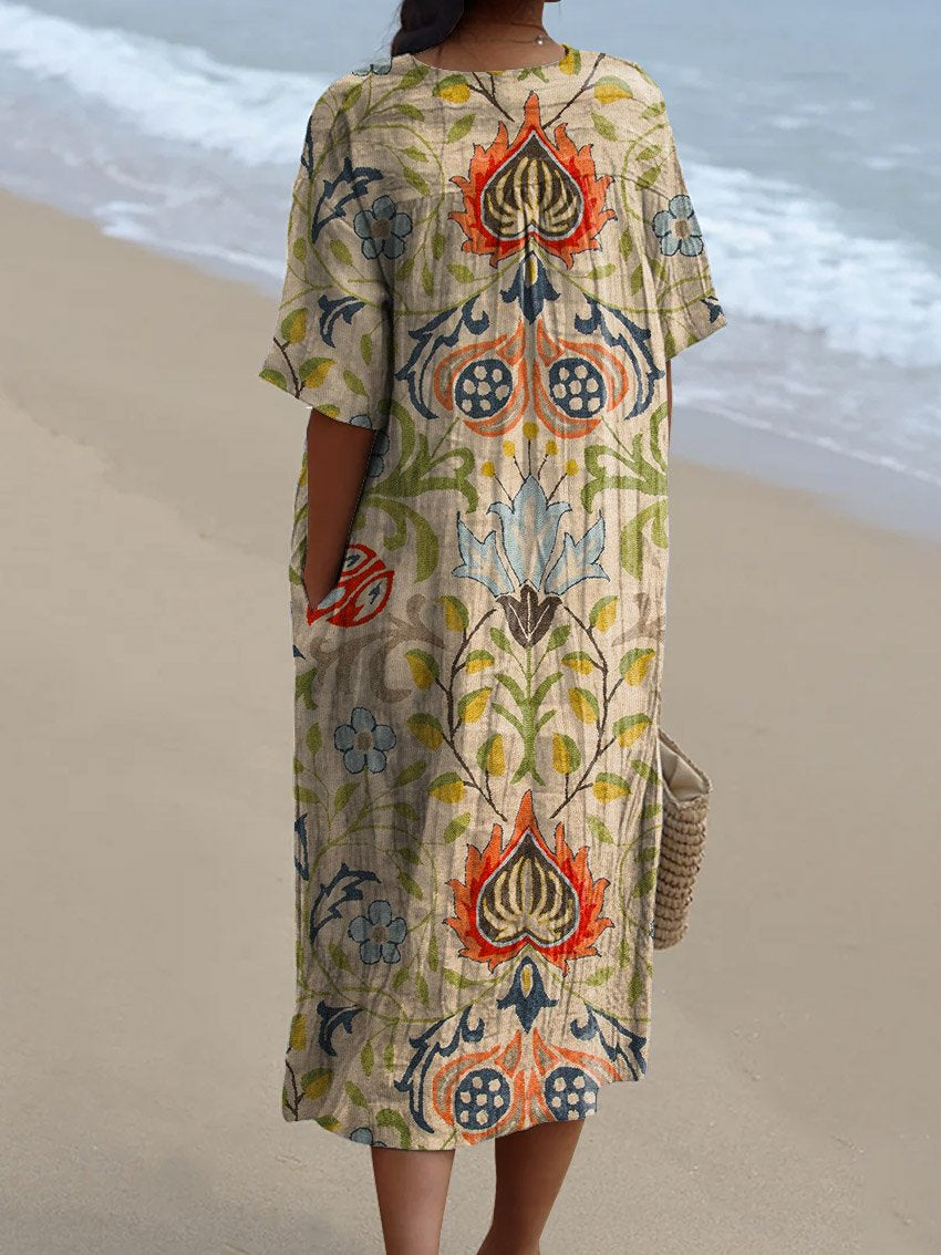 Women's Vintage Ethnic Floral Art Print Flowy Dress