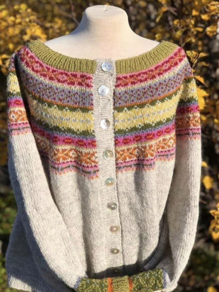 Vintage Geometry Rainbow Button Comfy Sweater