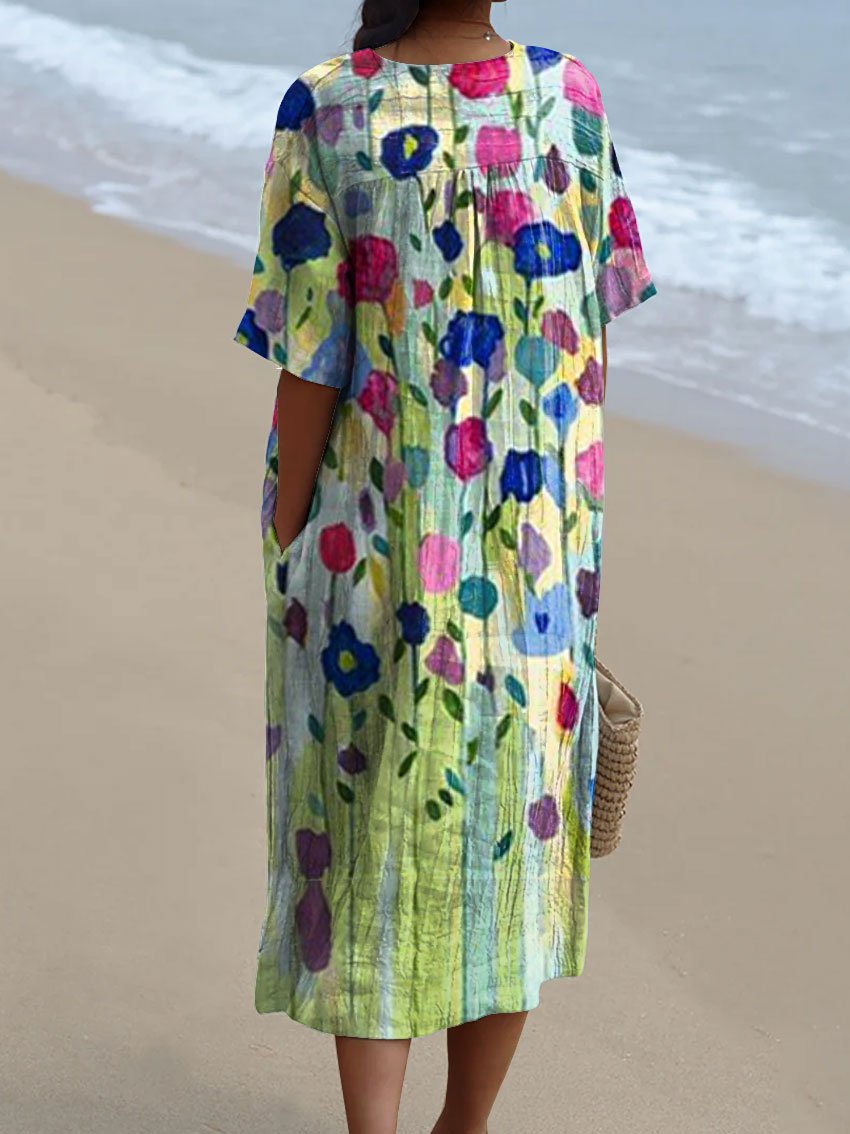 Women's Flower Watercolor Splash Fluid Art Print Flowy Dress