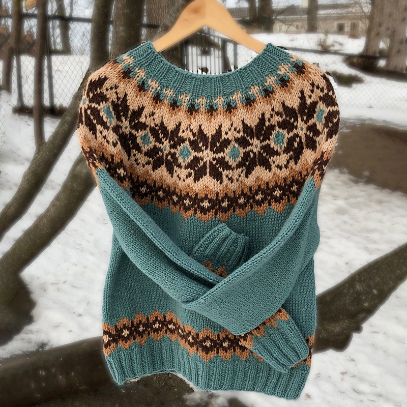 Retro Ethnic Pattern Jacquard Crew Neck Sweater