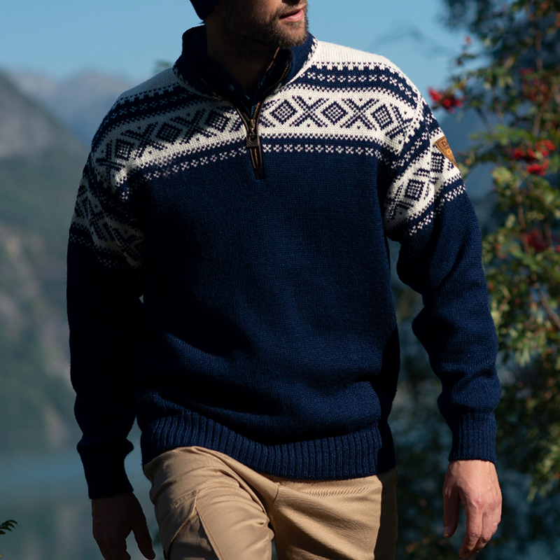 Vintage Warmth Hemsedal Knit Jacquard Icelandic Half Zip Collar Sweater