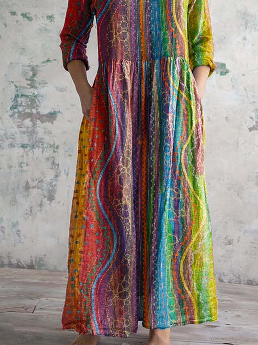 Women's V-neck Colorful Geometric Pattern Cotton Fabric Dress with Pockets