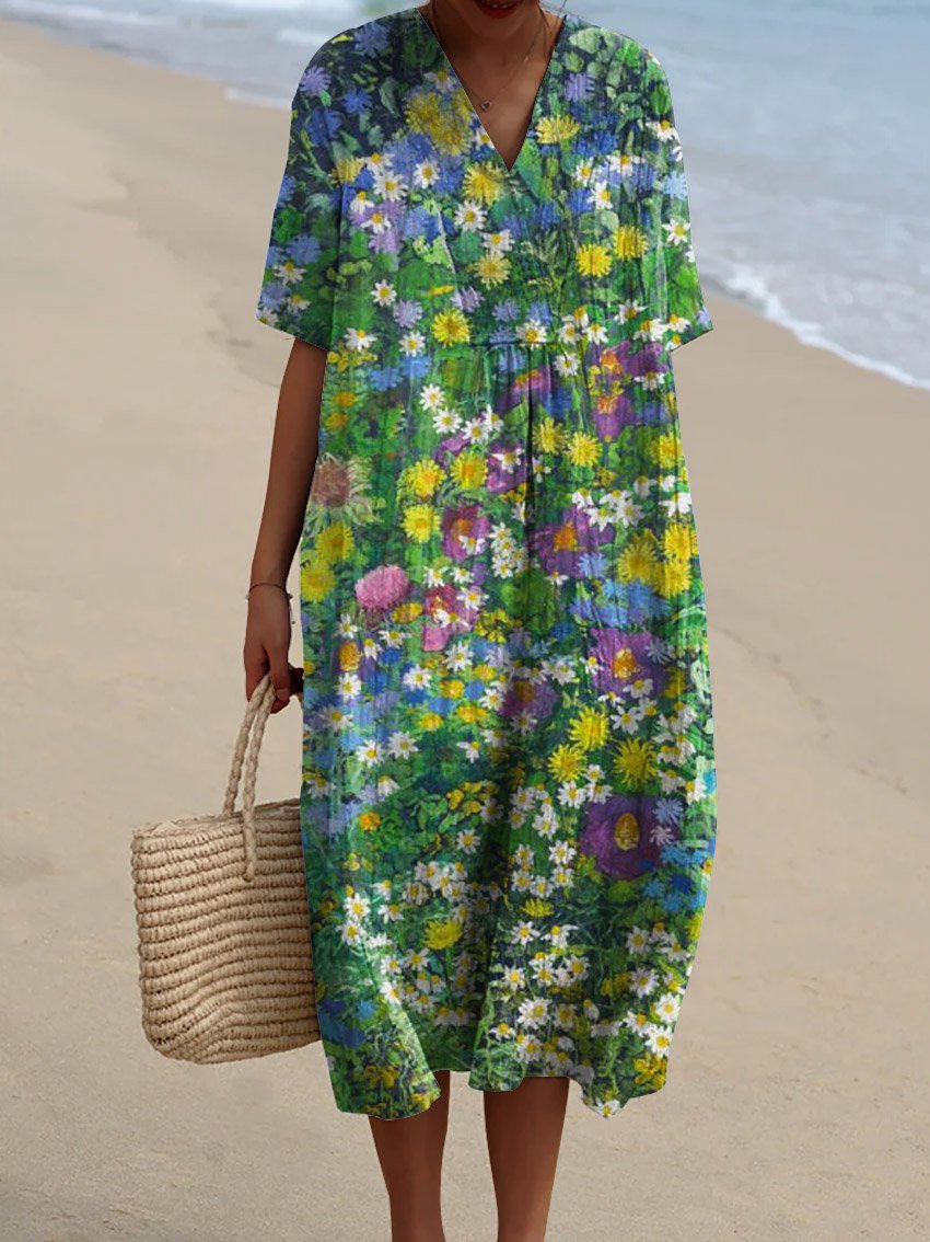 Women's Vintage Lovely Floral Art Print Flowy Dress