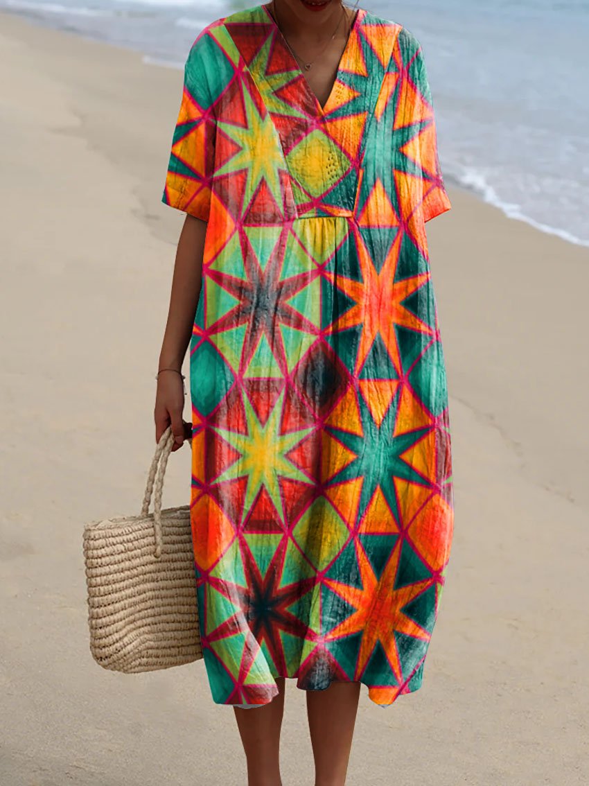 Women's Colorful Geometric Star Element Print Pocket Linen Dress
