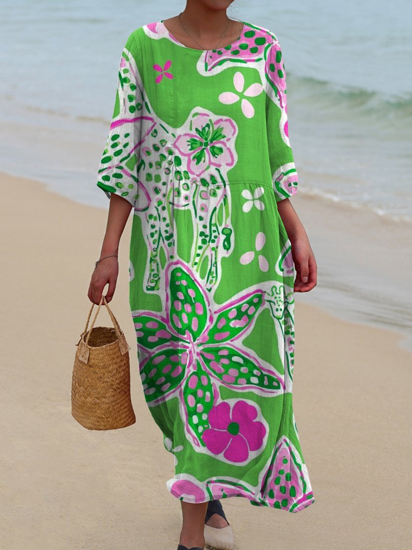 Women's Vintage Green Floral Print Pocket Cotton Dress