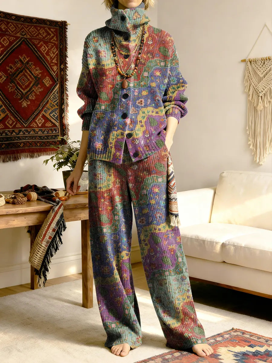 Vintage National Flower Patchwork Women's Long Sleeve Top And Pants Sweater Suit