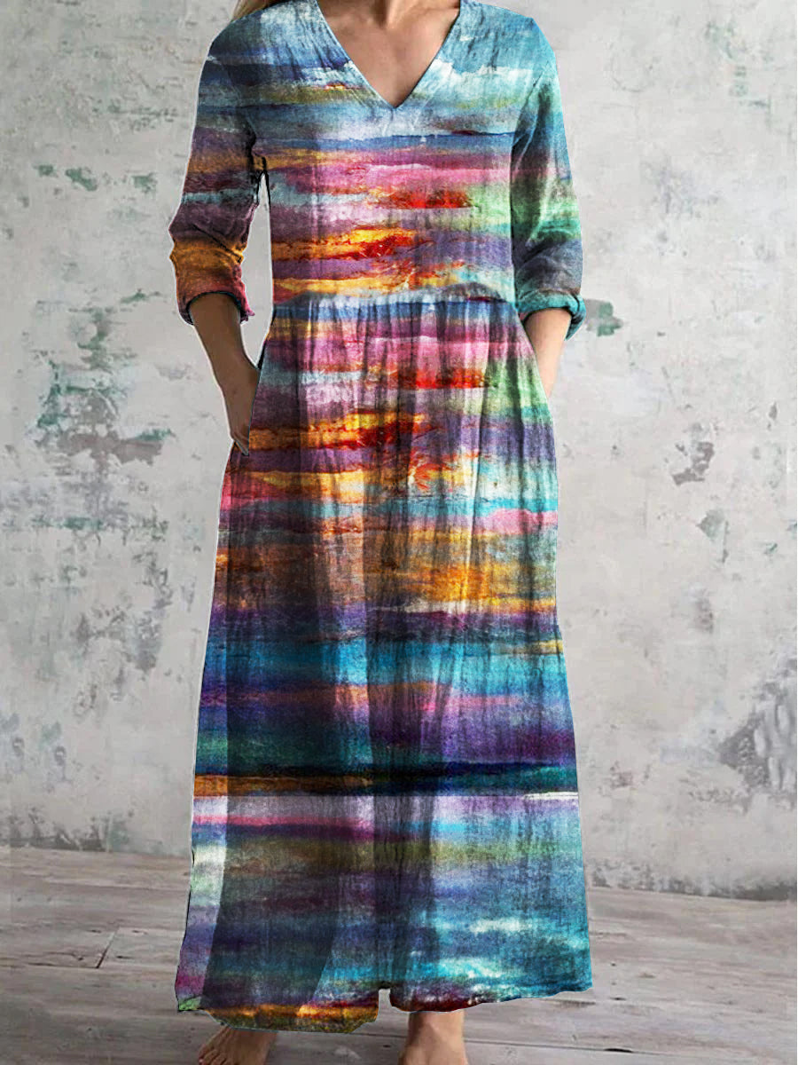 Women's V Neck Landscape Painting Pattern Dress With Pockets