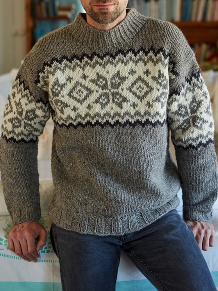 Vintage knitted jacquard crew neck sweater
