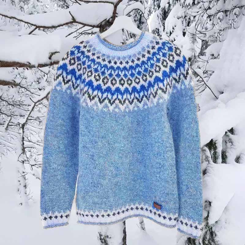 Vintage Icelandic Knit Jacquard Islender Crew Neck Sweater(Unisex)