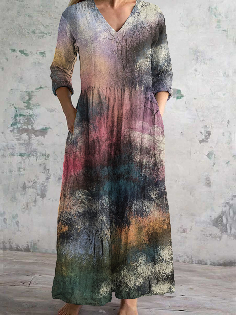 Women's V Neck Abstract Landscape Art Print Cotton and Linen Pocket Dress