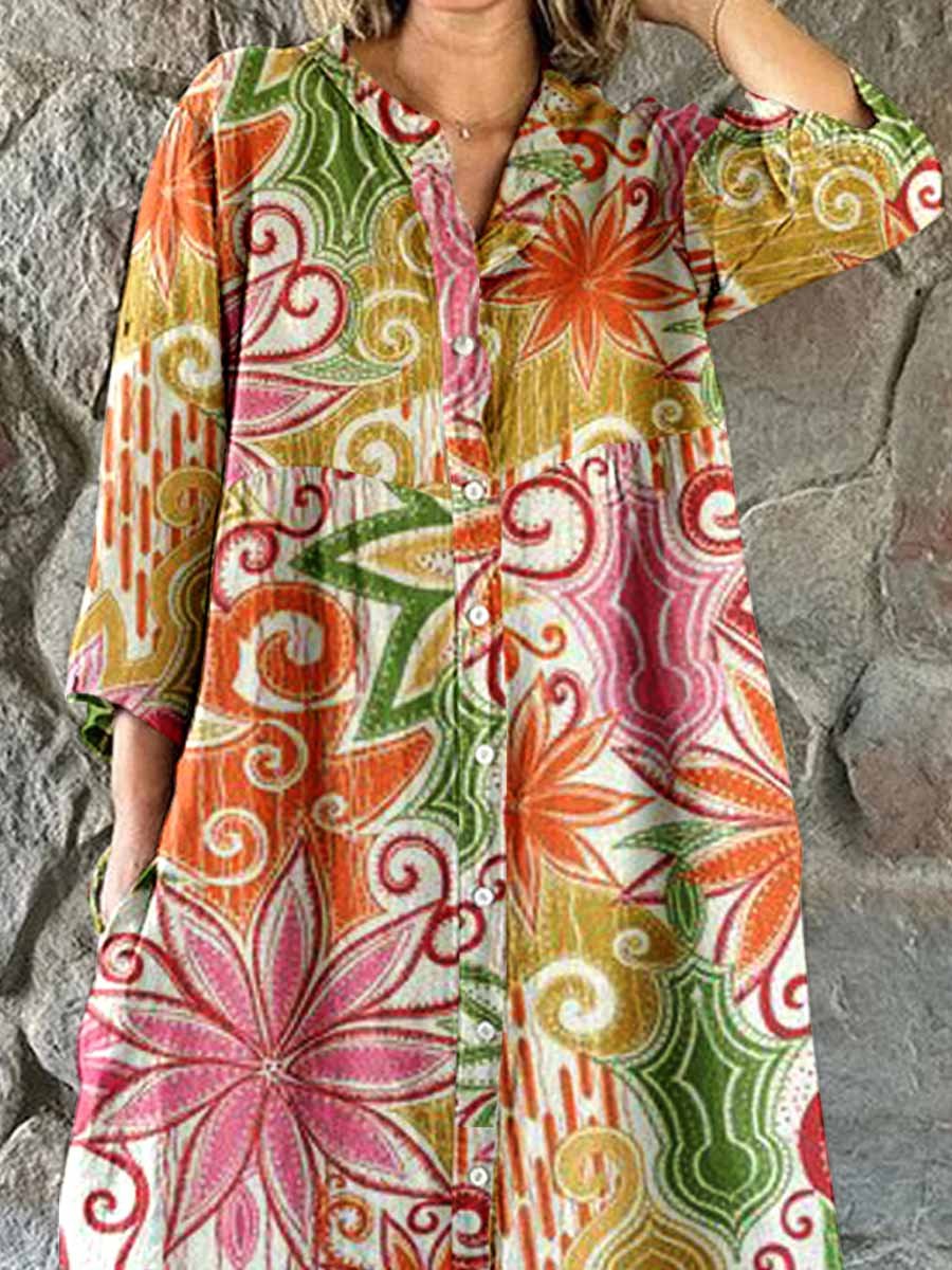 Women's Elegant Floral Print Cotton and Linen Shirt Dress
