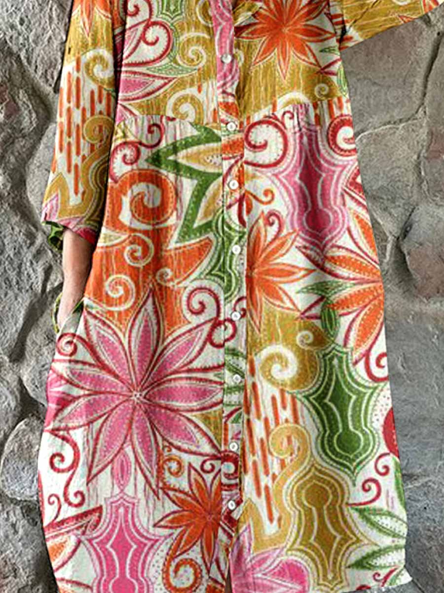 Women's Elegant Floral Print Cotton and Linen Shirt Dress