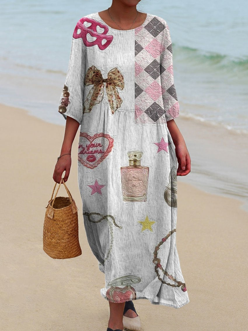 Women's Oil Painting Texture Collage Cute Bow Print Pocket Cotton Dress