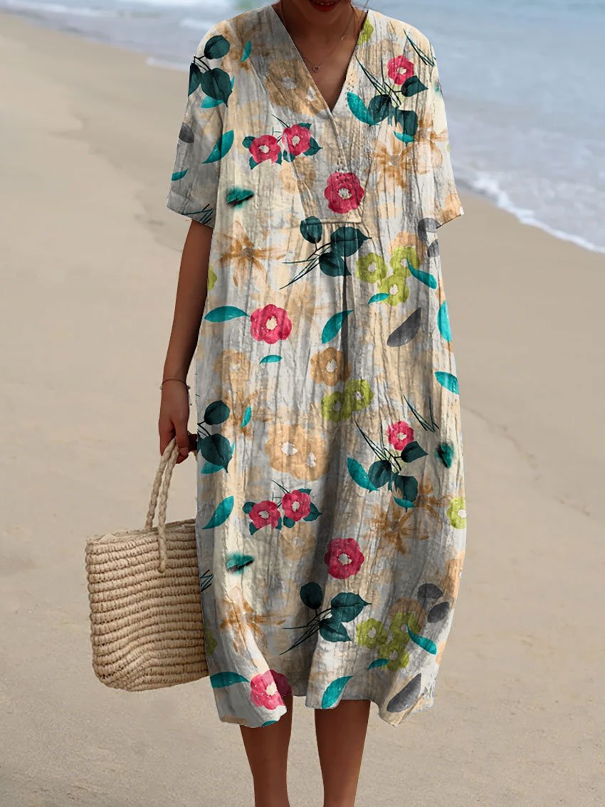 Women's Flower Watercolor Splash Fluid Art Print Flowy Dress