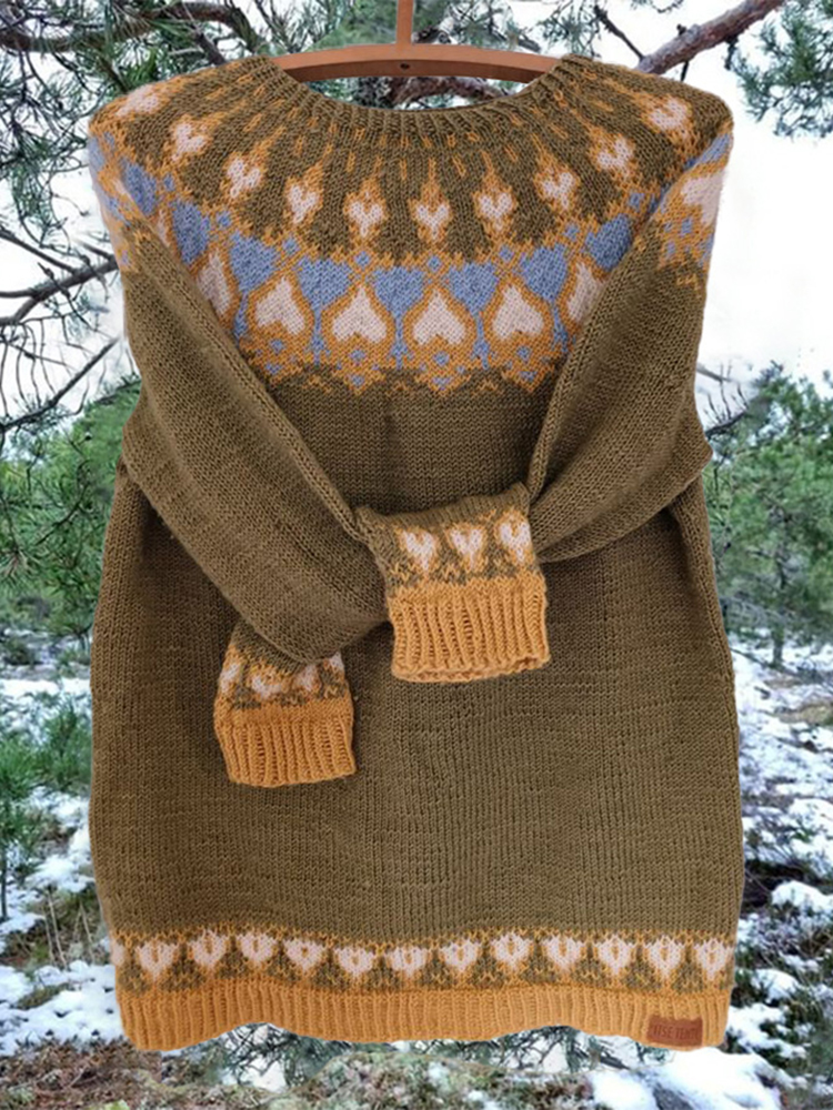 Vintage Love Heart Icelandic Knit Jacquard Warmth Crew Neck Sweater 