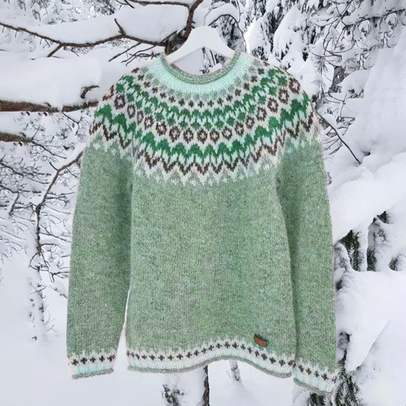Vintage Icelandic Knit Jacquard Islender Crew Neck Sweater(Unisex)