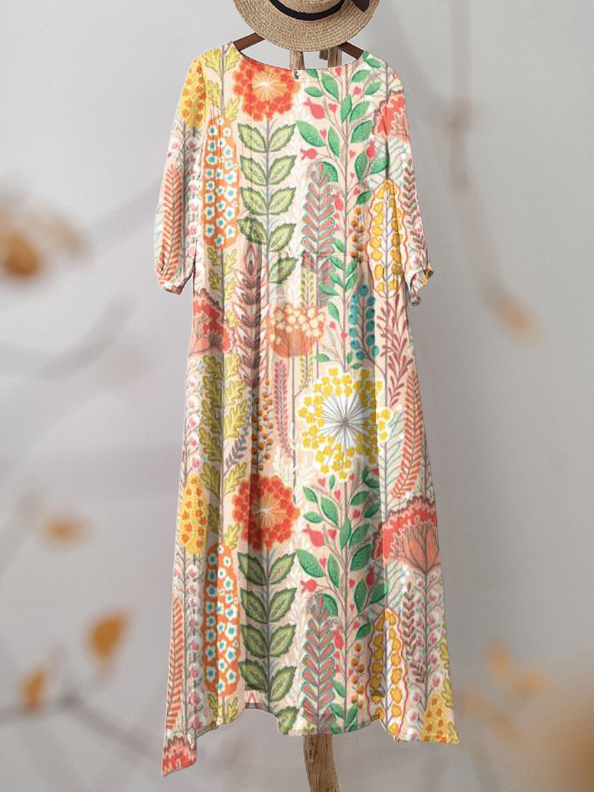 Women's Vintage Warm Color Floral Print Pocket Cotton Dress