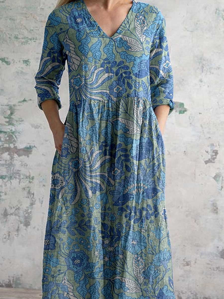 Women's V-neck Elegant Poppy Floral Print Cotton Dress