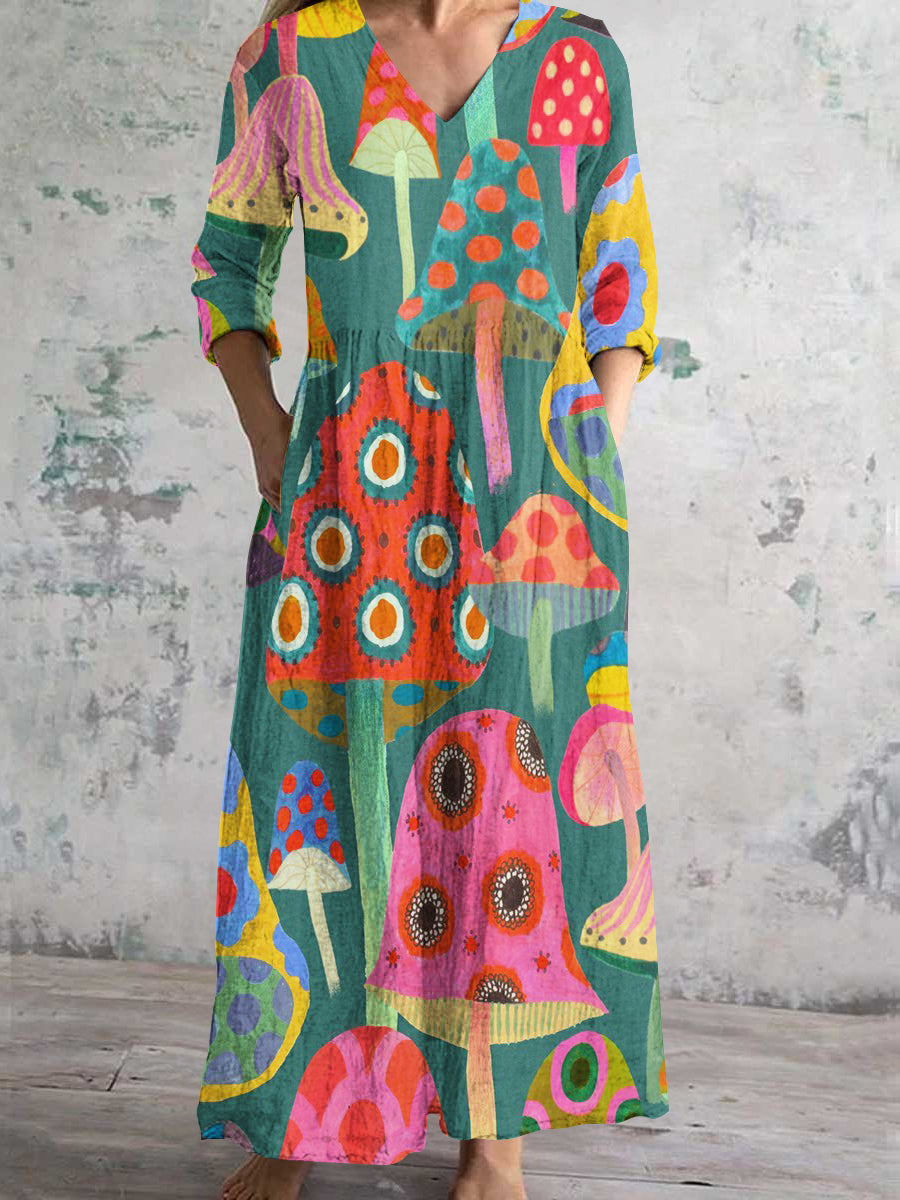 Women's V-neck Mushroom Art Print Cotton and Linen Pocket Dress