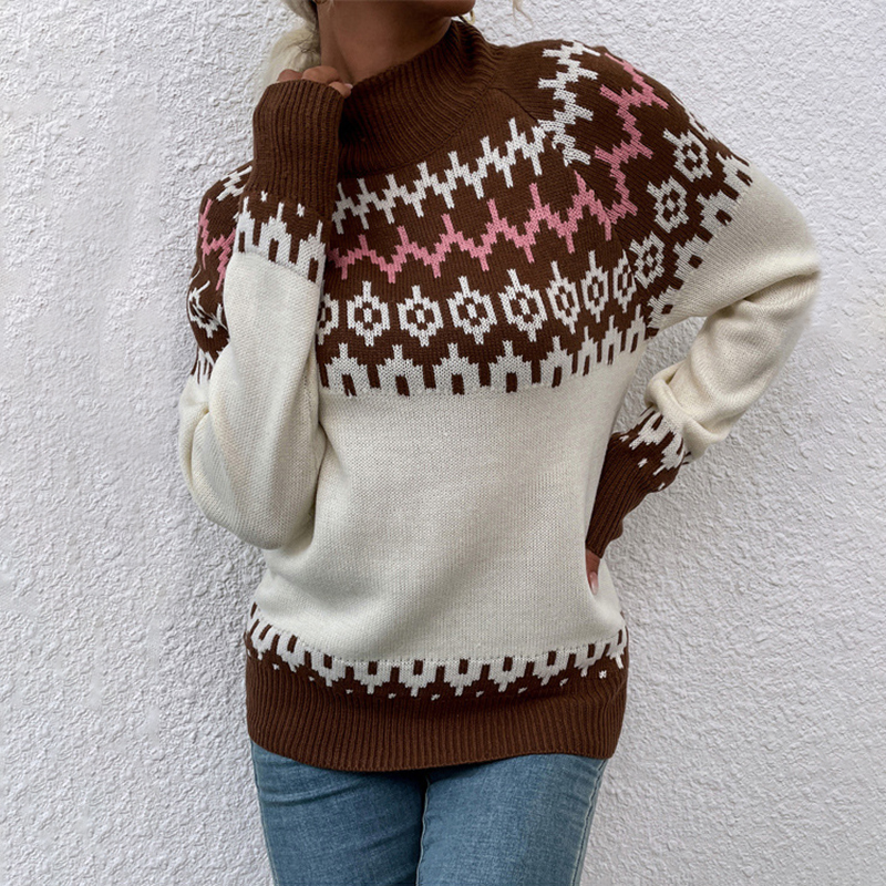 Loose Contrast Jacquard Turtleneck Christmas Sweater