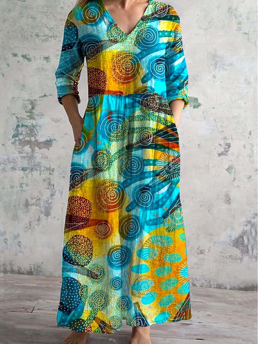 Women's V-neck Underwater World Seaweed Cotton And Linen Dress With Pockets