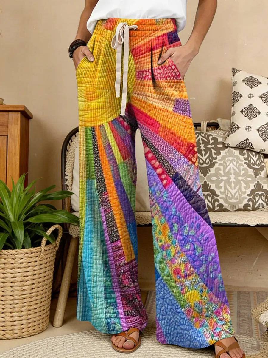 Women's Colorful Sun and Floral Collage Art Print Comfortable Drawstring Knit Trousers