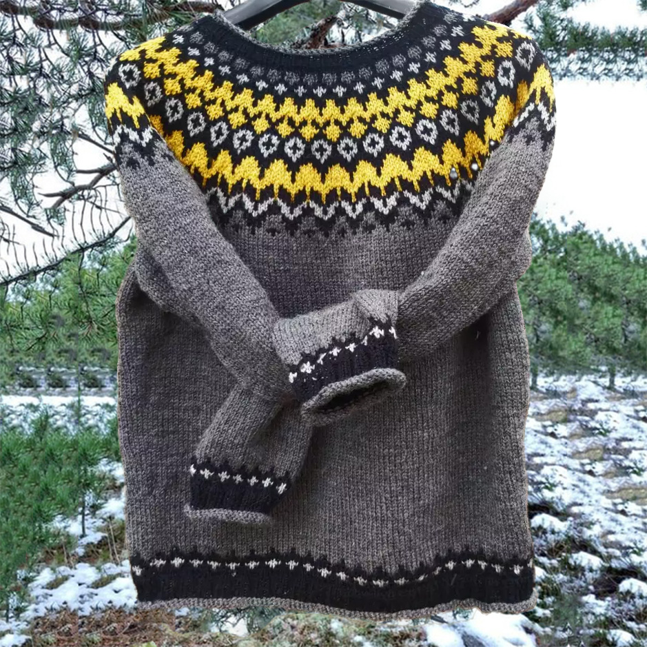 Vintage Gray Icelandic Knit Jacquard Warmth Crew Neck Sweater Unisex