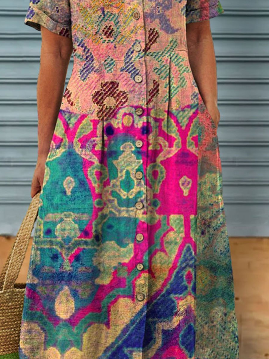 Women's Vintage Ethnic Floral Art Print Linen Pocket Tunic Dress