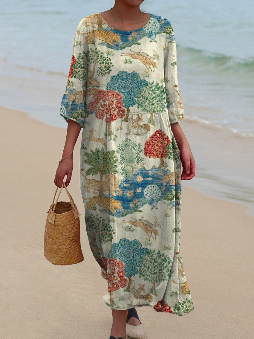 Women's Vintage Animal Forest Print Pocket Cotton Dress