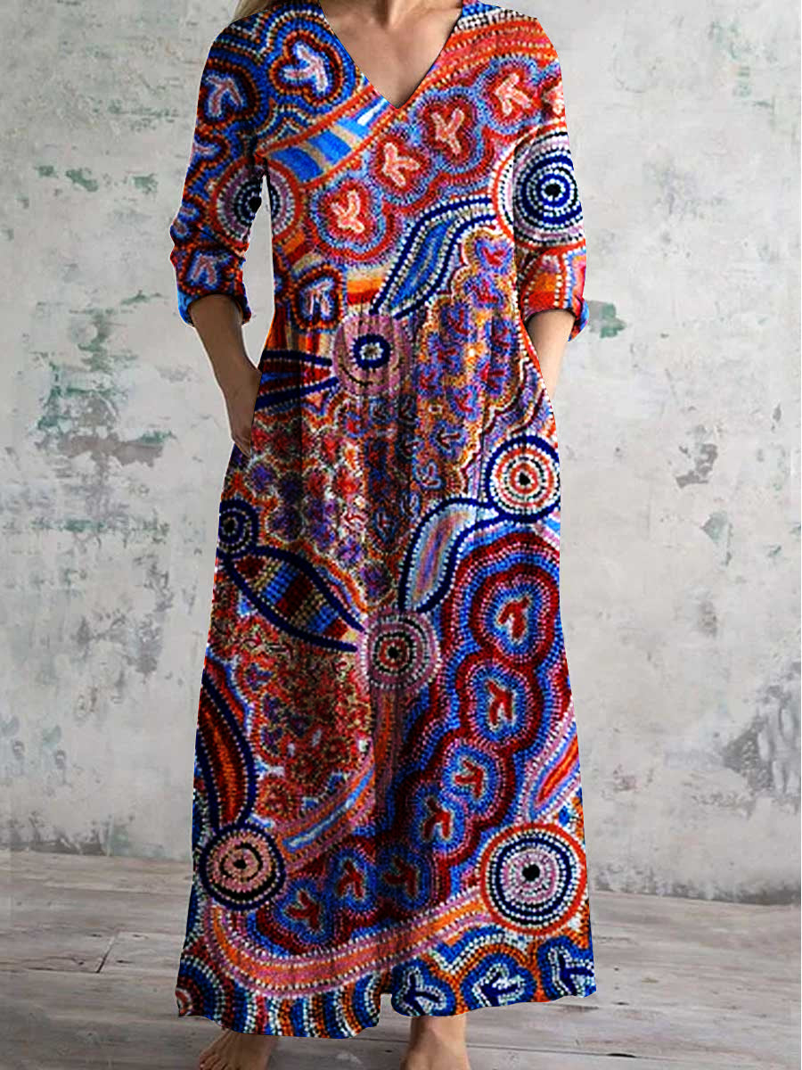 Women's V-Neck Vintage Painted Pattern Long Sleeve Dress With Pockets